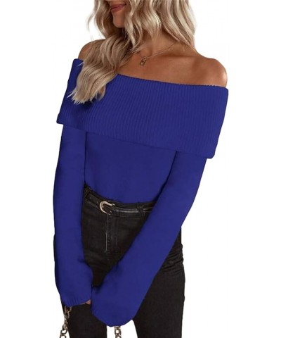 Women Off Shoulder Fold Over Long Sleeve Sweaters Casual Solid Ribbed Knit 2023 Fall Pullover Jumper Tops Royal Blue $17.20 S...