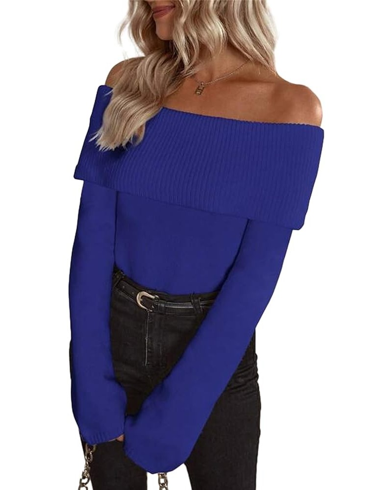 Women Off Shoulder Fold Over Long Sleeve Sweaters Casual Solid Ribbed Knit 2023 Fall Pullover Jumper Tops Royal Blue $17.20 S...