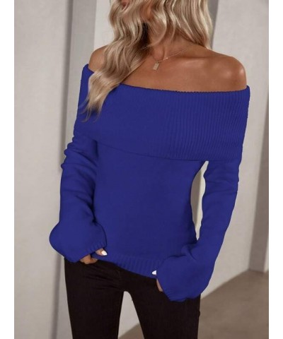 Women Off Shoulder Fold Over Long Sleeve Sweaters Casual Solid Ribbed Knit 2023 Fall Pullover Jumper Tops Royal Blue $17.20 S...