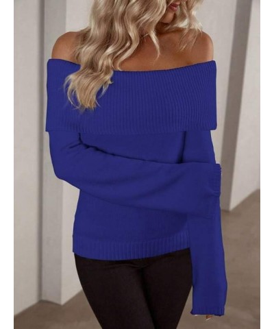 Women Off Shoulder Fold Over Long Sleeve Sweaters Casual Solid Ribbed Knit 2023 Fall Pullover Jumper Tops Royal Blue $17.20 S...