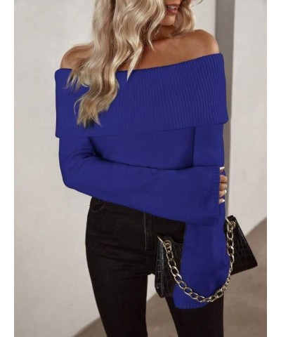 Women Off Shoulder Fold Over Long Sleeve Sweaters Casual Solid Ribbed Knit 2023 Fall Pullover Jumper Tops Royal Blue $17.20 S...