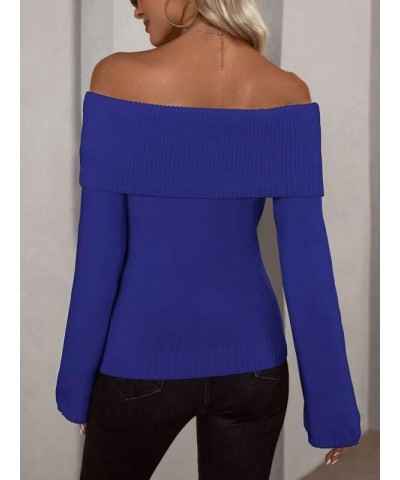 Women Off Shoulder Fold Over Long Sleeve Sweaters Casual Solid Ribbed Knit 2023 Fall Pullover Jumper Tops Royal Blue $17.20 S...