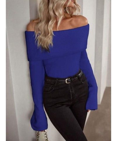 Women Off Shoulder Fold Over Long Sleeve Sweaters Casual Solid Ribbed Knit 2023 Fall Pullover Jumper Tops Royal Blue $17.20 S...