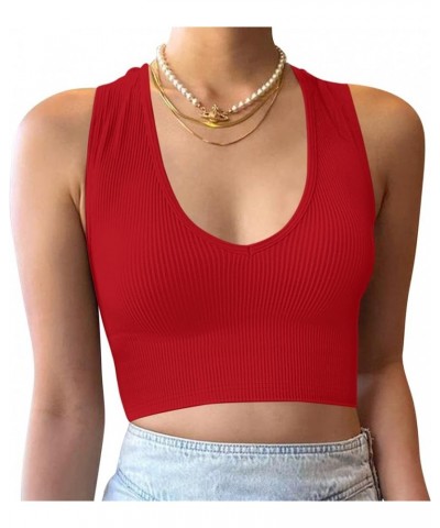 Women's Sexy Deep Plunge V Neck Crop Vest Ribbed Sleeveless Solid Fitted Cropped Tank Top Workout Yoga Red $9.20 Tanks