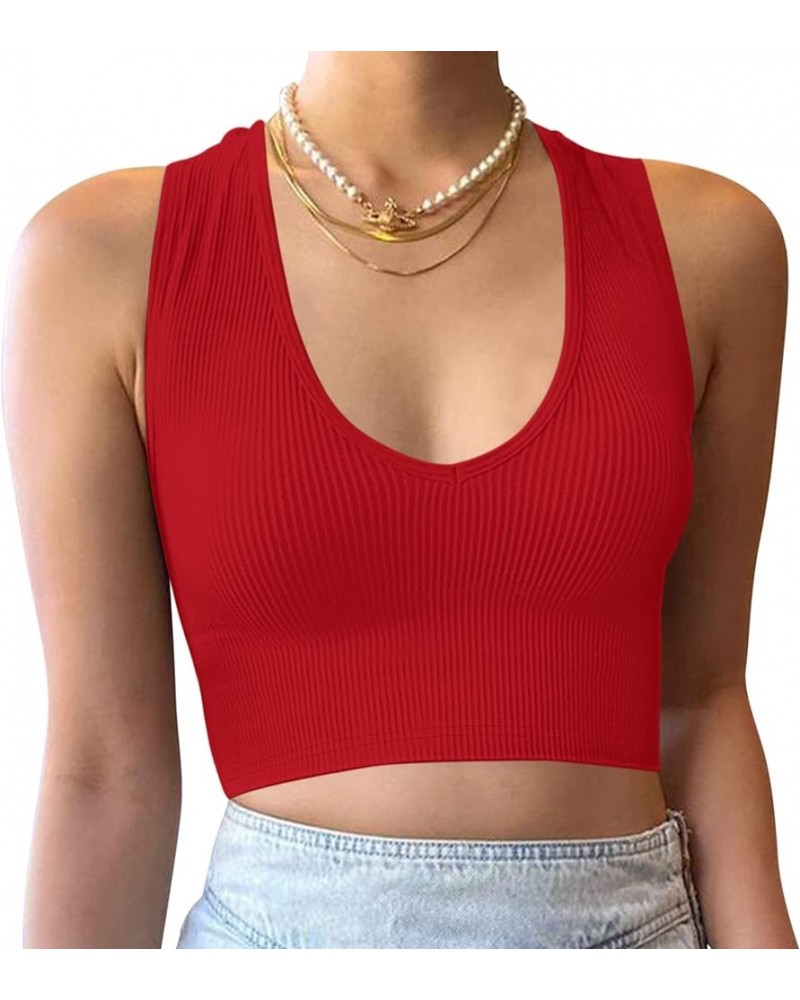 Women's Sexy Deep Plunge V Neck Crop Vest Ribbed Sleeveless Solid Fitted Cropped Tank Top Workout Yoga Red $9.20 Tanks