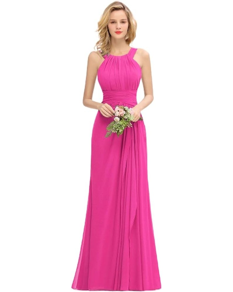 Women's Elegant Bridesmaid Dresses Round Neck Sleeveless with Ruffles Dress Prom Party Evening Fuchsia Pink $27.53 Dresses