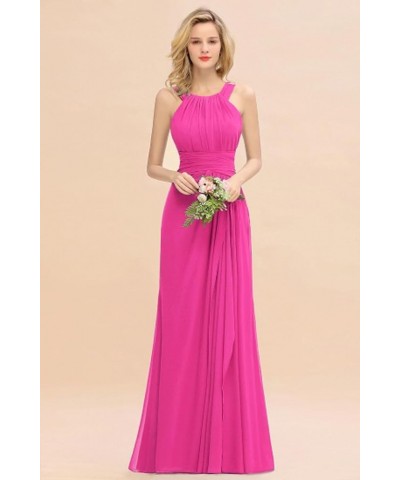 Women's Elegant Bridesmaid Dresses Round Neck Sleeveless with Ruffles Dress Prom Party Evening Fuchsia Pink $27.53 Dresses