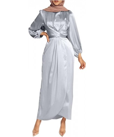 Muslim Women Satin Abaya Balloon Sleeve Wrap Front Maxi Dress Middle East Islamic Long Gown 20460-grey $19.03 Dresses