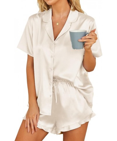 Womens Satin Pajamas Set Button Down 2 Piece Silk Pjs Shorts Set Ruffle Lingerie Notch Collar Sleepwear Champagne $20.05 Slee...