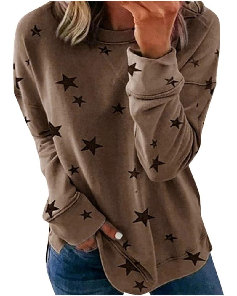 Women's Fashion Crewneck Sweatshirts, Plus Size Star Printed Long Sleeve Comfy Loose Fit Blouses Tops for Ladies A01-khaki $8...