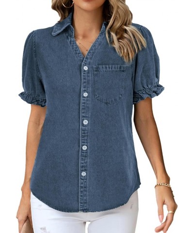 Womens Denim Shirts Button Down Short Puff Sleeve Lightweight Jeans Shirts with Pocket Business Casual Tops Blue4 $19.24 Blouses