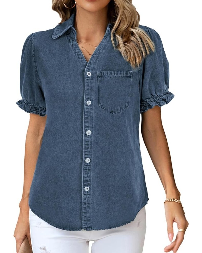 Womens Denim Shirts Button Down Short Puff Sleeve Lightweight Jeans Shirts with Pocket Business Casual Tops Blue4 $19.24 Blouses