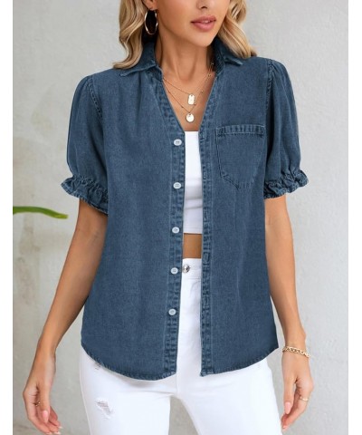 Womens Denim Shirts Button Down Short Puff Sleeve Lightweight Jeans Shirts with Pocket Business Casual Tops Blue4 $19.24 Blouses