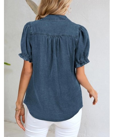 Womens Denim Shirts Button Down Short Puff Sleeve Lightweight Jeans Shirts with Pocket Business Casual Tops Blue4 $19.24 Blouses