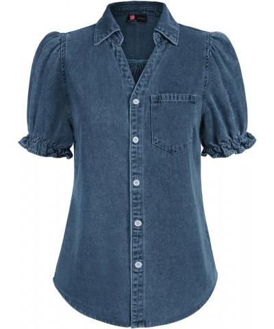 Womens Denim Shirts Button Down Short Puff Sleeve Lightweight Jeans Shirts with Pocket Business Casual Tops Blue4 $19.24 Blouses