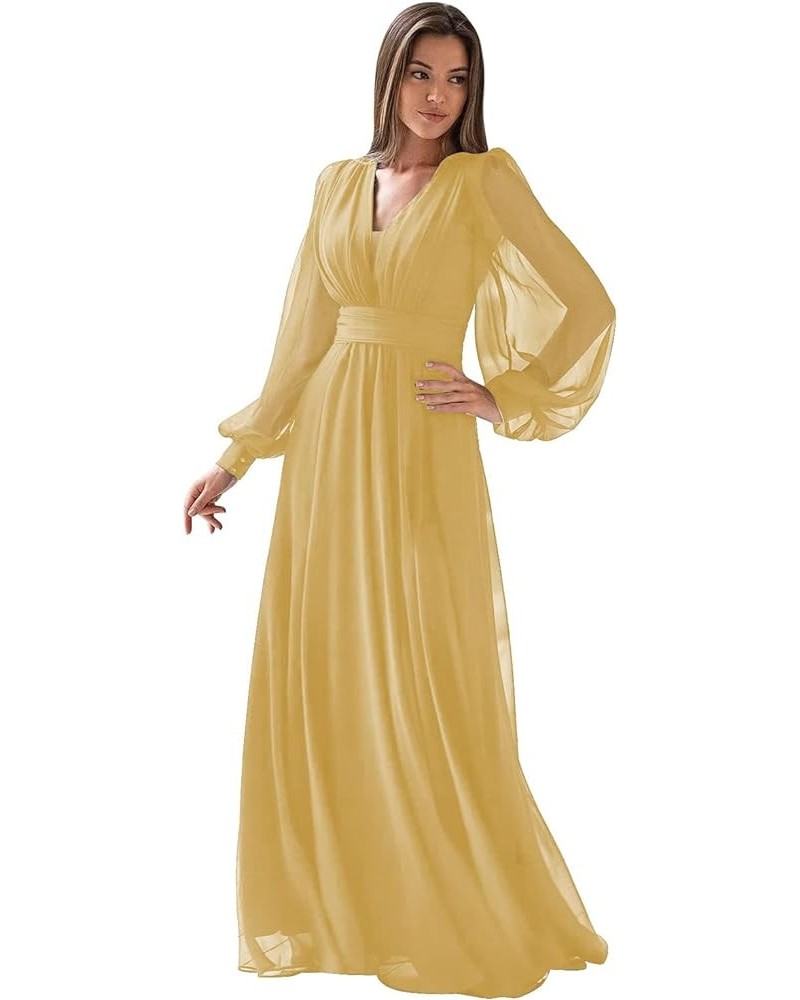 Long Sleeve Bridesmaid Dresses for Women V-Neck Formal Dress Pleated A Line Chiffon Evening Prom Gown Yellow $29.90 Dresses