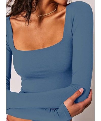 Women's Sexy Long Sleeve Crop Top Square Neck Double Lined Basic Slim Fit T Shirt Haze Blue $11.49 T-Shirts