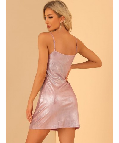 Women's Sparkly Metallic Spaghetti Strap Club Party Mini Dress Pink $15.40 Dresses