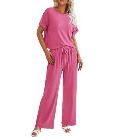 Women's Summer 2 Piece Knit Loungewear Short Sleeve T Shirts Wide Leg Pants Tracksuit Casual Outfits Pink $24.77 Activewear