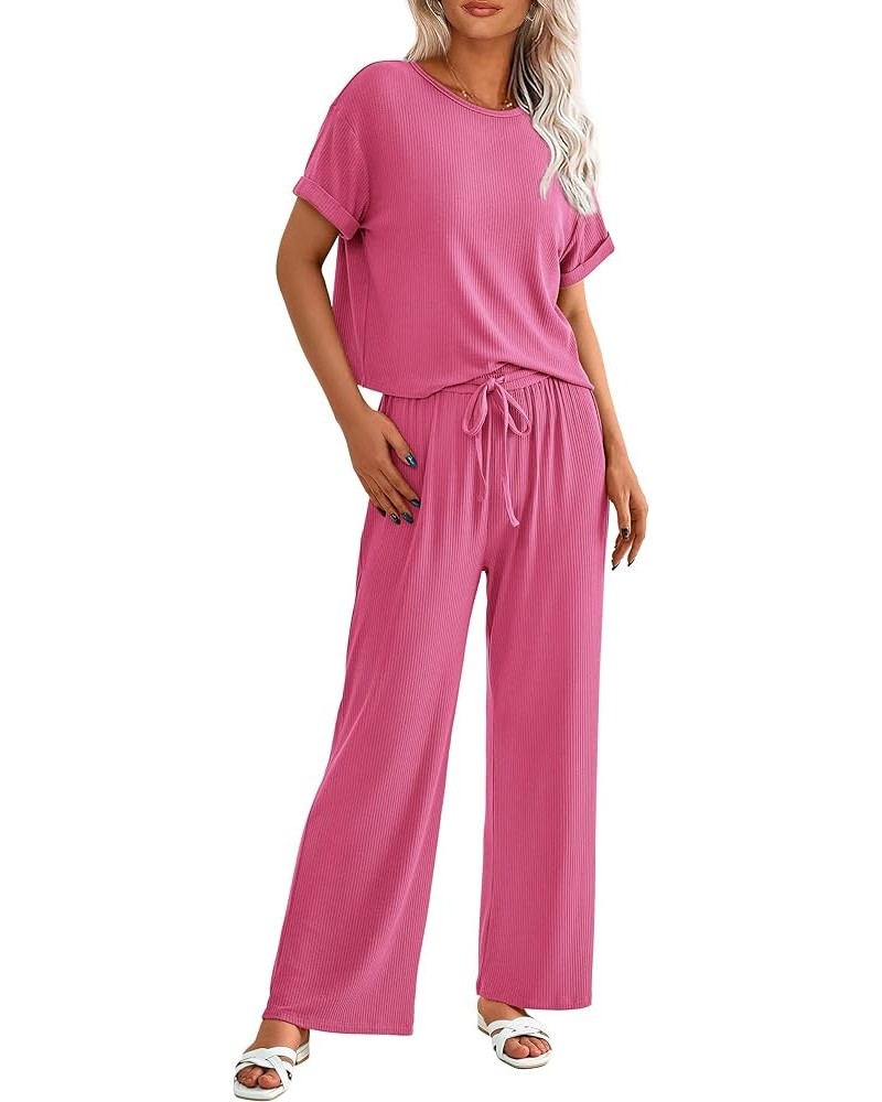 Women's Summer 2 Piece Knit Loungewear Short Sleeve T Shirts Wide Leg Pants Tracksuit Casual Outfits Pink $24.77 Activewear