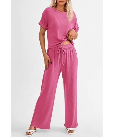 Women's Summer 2 Piece Knit Loungewear Short Sleeve T Shirts Wide Leg Pants Tracksuit Casual Outfits Pink $24.77 Activewear