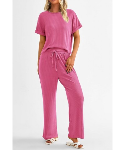 Women's Summer 2 Piece Knit Loungewear Short Sleeve T Shirts Wide Leg Pants Tracksuit Casual Outfits Pink $24.77 Activewear