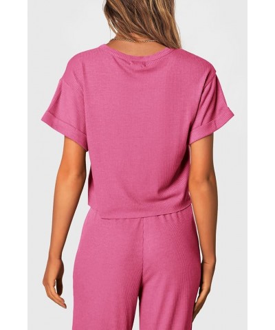 Women's Summer 2 Piece Knit Loungewear Short Sleeve T Shirts Wide Leg Pants Tracksuit Casual Outfits Pink $24.77 Activewear