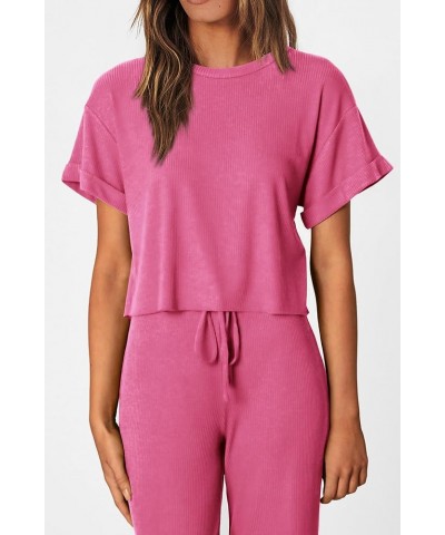 Women's Summer 2 Piece Knit Loungewear Short Sleeve T Shirts Wide Leg Pants Tracksuit Casual Outfits Pink $24.77 Activewear