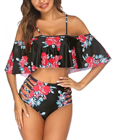 Women Two Piece Swimsuit Tummy Control High Waisted Bikini Off Shoulder Ruffle Bathing Suits Classic Flower $10.50 Swimsuits