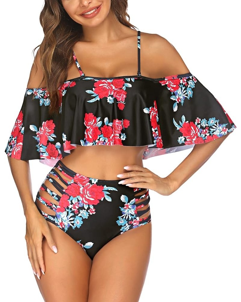 Women Two Piece Swimsuit Tummy Control High Waisted Bikini Off Shoulder Ruffle Bathing Suits Classic Flower $10.50 Swimsuits