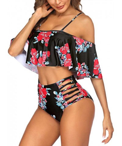 Women Two Piece Swimsuit Tummy Control High Waisted Bikini Off Shoulder Ruffle Bathing Suits Classic Flower $10.50 Swimsuits