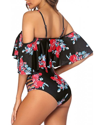 Women Two Piece Swimsuit Tummy Control High Waisted Bikini Off Shoulder Ruffle Bathing Suits Classic Flower $10.50 Swimsuits