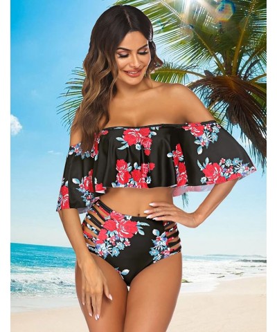 Women Two Piece Swimsuit Tummy Control High Waisted Bikini Off Shoulder Ruffle Bathing Suits Classic Flower $10.50 Swimsuits