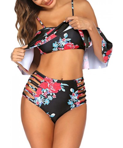 Women Two Piece Swimsuit Tummy Control High Waisted Bikini Off Shoulder Ruffle Bathing Suits Classic Flower $10.50 Swimsuits