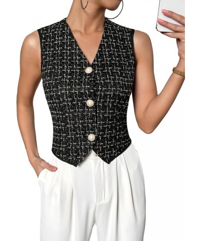 Women's Asymmetrical Hem Button Front Crop Blazer Sleeveless V Neck Blazer Vest Black $17.97 Vests