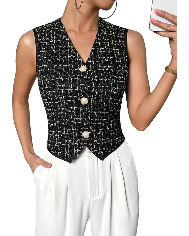 Women's Asymmetrical Hem Button Front Crop Blazer Sleeveless V Neck Blazer Vest Black $17.97 Vests