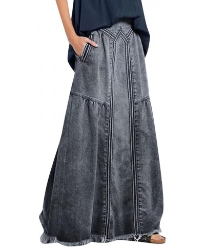 Women's Retro Elastic High Waist Frayed A-Line Maxi Denim Skirt 2024 Casual Plus Size Jean Maxi Skirt with Pockets A-grey $14...