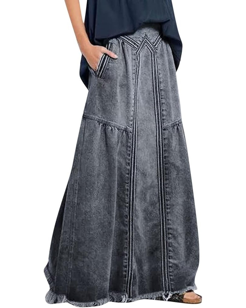 Women's Retro Elastic High Waist Frayed A-Line Maxi Denim Skirt 2024 Casual Plus Size Jean Maxi Skirt with Pockets A-grey $14...