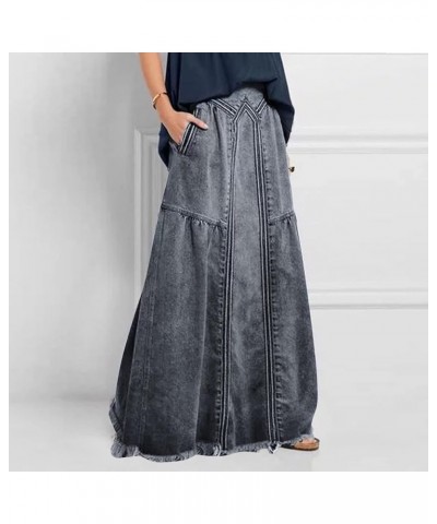 Women's Retro Elastic High Waist Frayed A-Line Maxi Denim Skirt 2024 Casual Plus Size Jean Maxi Skirt with Pockets A-grey $14...