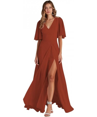 V Neck Bridesmaid Dresses with Slit 2023 Flutter Sleeves Chiffon Long Formal Dress with Pockets SYYS103 Rust $34.21 Dresses