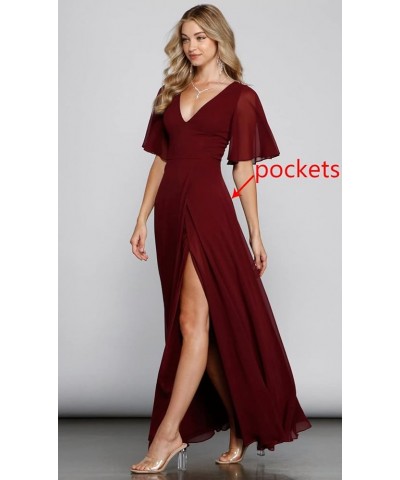 V Neck Bridesmaid Dresses with Slit 2023 Flutter Sleeves Chiffon Long Formal Dress with Pockets SYYS103 Rust $34.21 Dresses