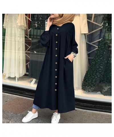 Women's Retro Kaftan Abaya Dress Muslim Long Sleeve Crew Neck Split Maxi Dress Islamic Arab Jilbab with Pockets 03-navy $10.0...