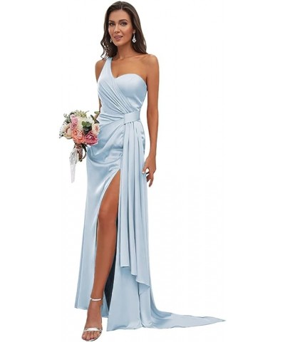 Women's One Shoulder Bridesmaid Dresses Long with Slit Satin Pleated Formal Evening Gowns Light Blue $29.25 Dresses