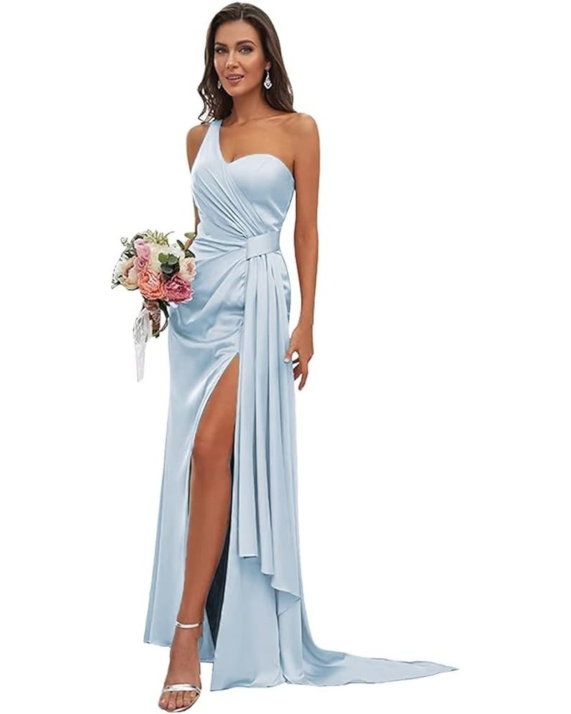 Women's One Shoulder Bridesmaid Dresses Long with Slit Satin Pleated Formal Evening Gowns Light Blue $29.25 Dresses