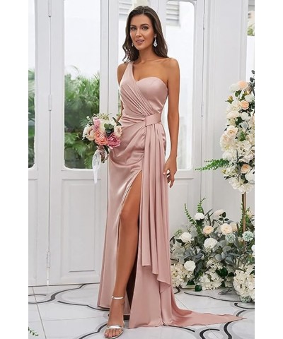 Women's One Shoulder Bridesmaid Dresses Long with Slit Satin Pleated Formal Evening Gowns Light Blue $29.25 Dresses