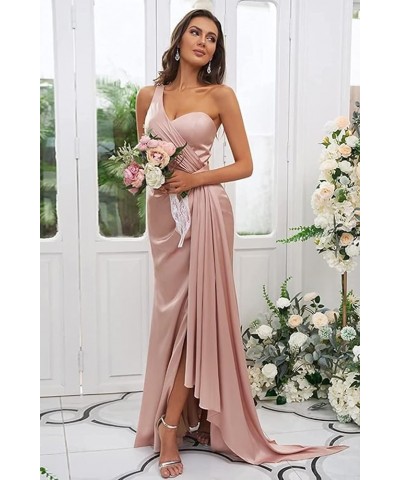 Women's One Shoulder Bridesmaid Dresses Long with Slit Satin Pleated Formal Evening Gowns Light Blue $29.25 Dresses