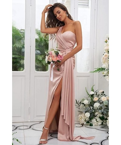 Women's One Shoulder Bridesmaid Dresses Long with Slit Satin Pleated Formal Evening Gowns Light Blue $29.25 Dresses