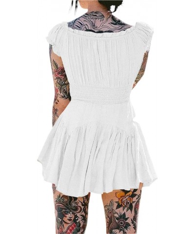 Women's Off The Shoulder Babydoll Dress Short Puff Sleeve A Line Flowy Dress Ruffle Mini Dress Boho Party Dresses Ruched Whit...