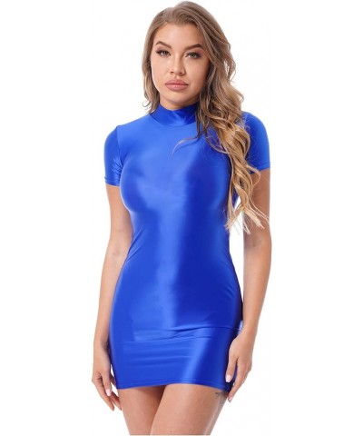 Womens Bodycon Dress Glossy Wet Look Short Sleeve Mock Neck Rave Party Dress Clubwear Blue $9.09 Dresses