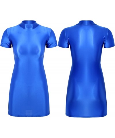 Womens Bodycon Dress Glossy Wet Look Short Sleeve Mock Neck Rave Party Dress Clubwear Blue $9.09 Dresses